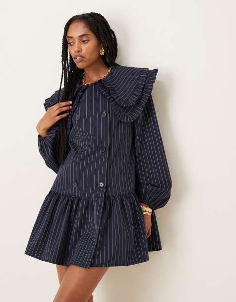 Neon Rose pinstriped double collar mini smock dress in navy - view 1