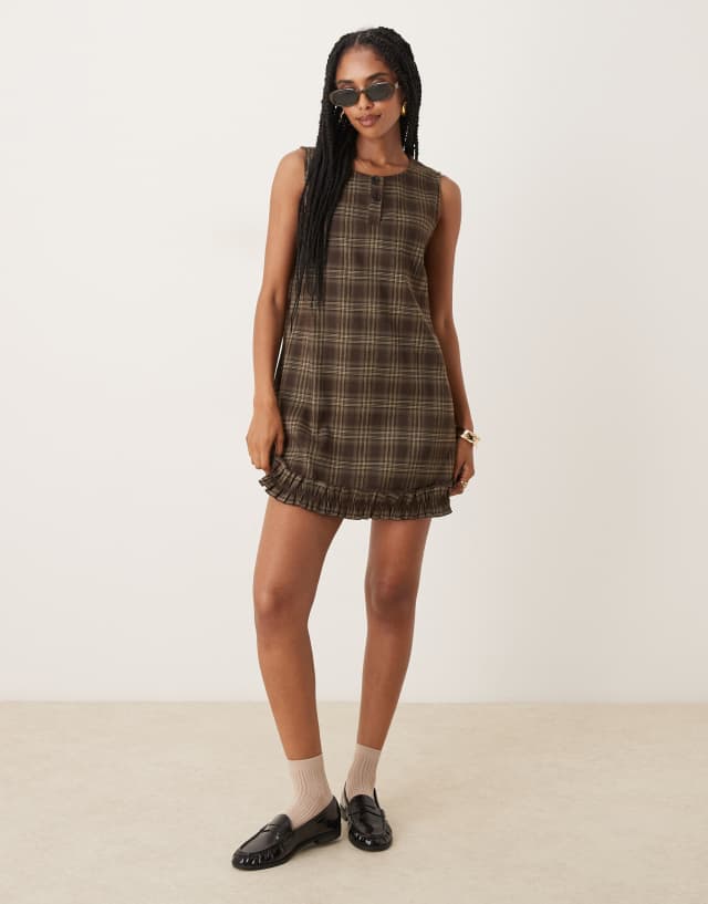 Neon Rose plaid print mini shift dress in brown | ASOS