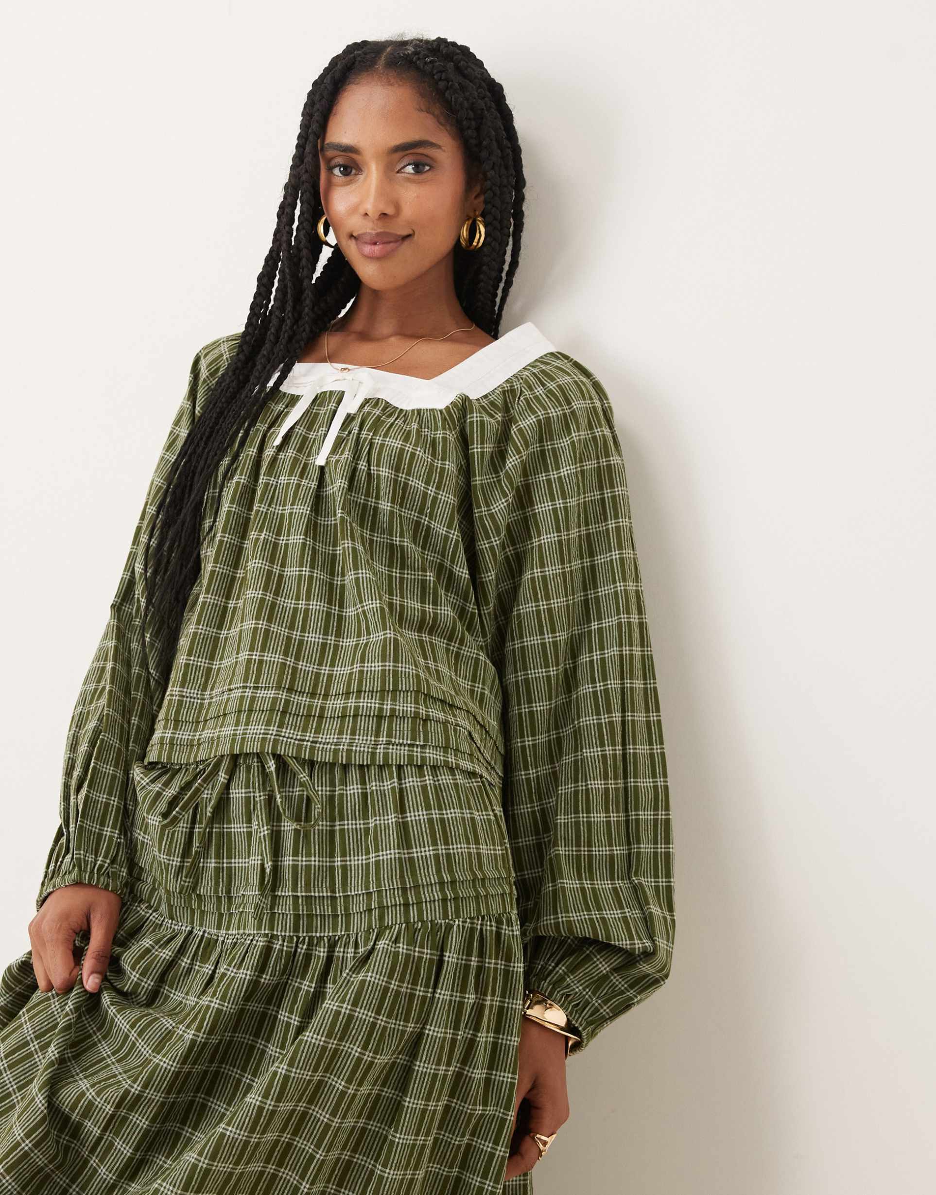 neon rose plaid square collar balloon sleeve blouse in beige