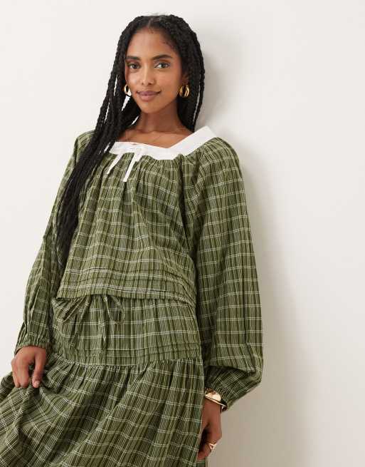 Neon Rose plaid square collar balloon sleeve blouse in beige 