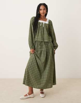 Neon Rose Plaid Square Collar Balloon Sleeve Blouse In Green