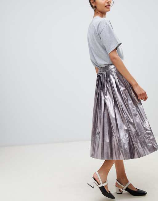 Neon Rose pleated midi skirt in metallic faux leather