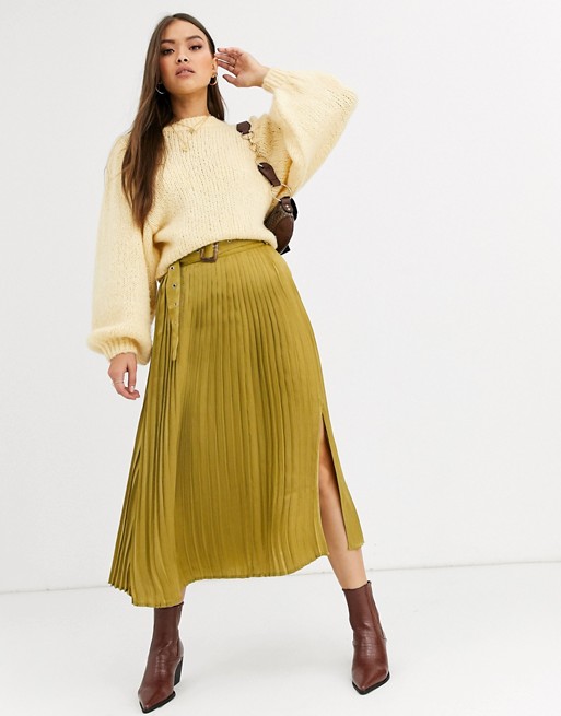 Neon Rose pleated midi skirt with belt in hammered satin