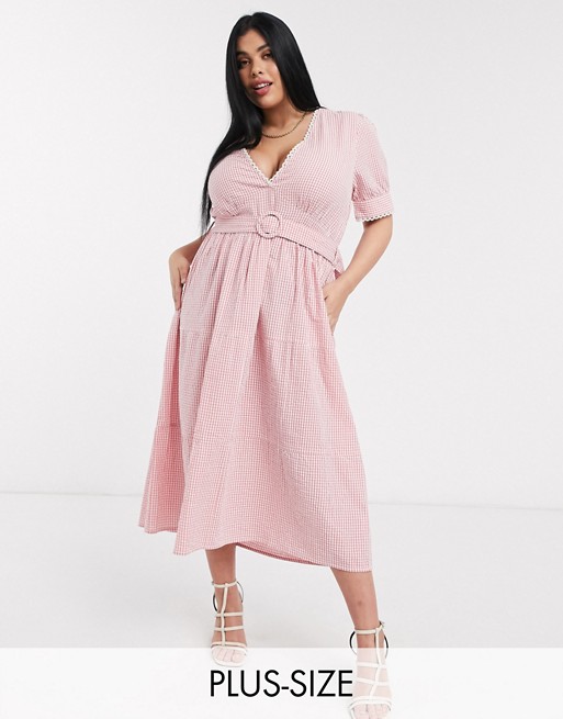 Neon Rose plus belted midaxi dress with lace trim in gingham