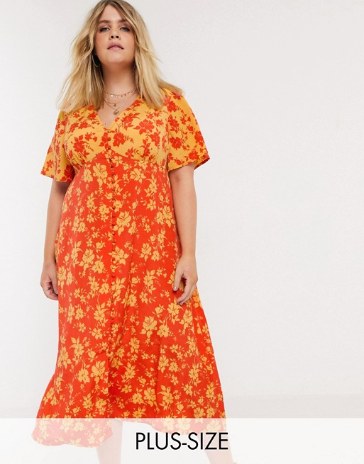 Neon Rose Plus button front midi dress in mixed floral print