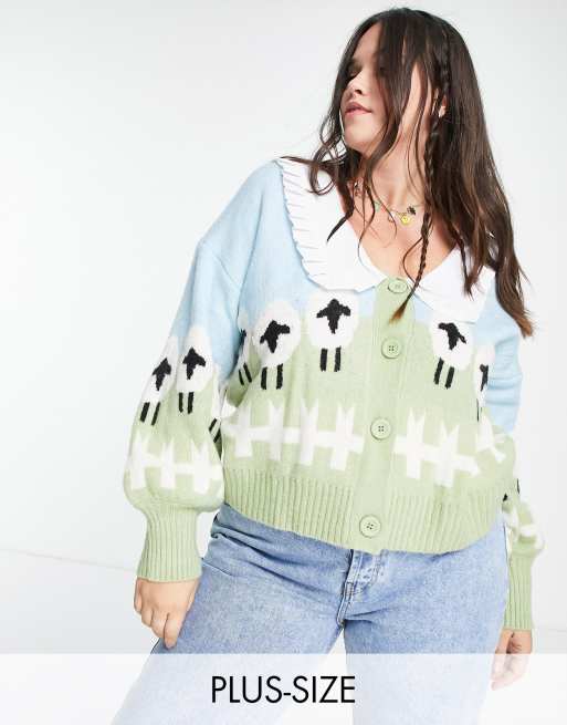 Neon Rose Plus - Cardigan oversize con colletto in maglia con stampa di pecore