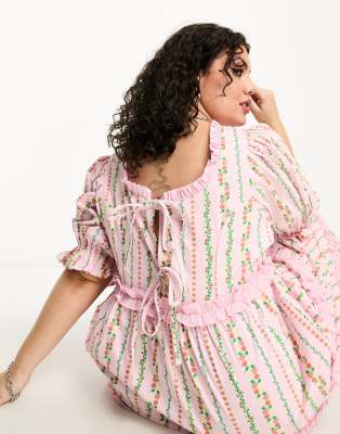 Neon Rose Plus Chintz Print Ruffle Puff Sleeve Midaxi Dress In - Main Image