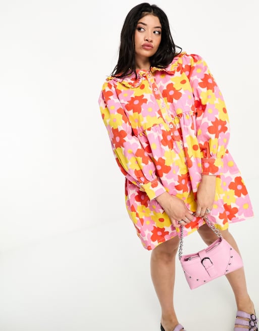 Neon Rose Plus collar detail mini smock shirt dress in bright retro floral