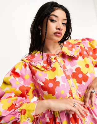 Neon Rose Plus collar detail mini smock shirt dress in