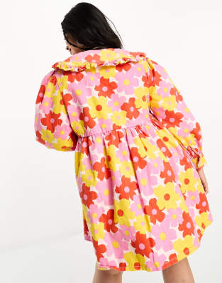 Neon Rose Plus collar detail mini smock shirt dress in