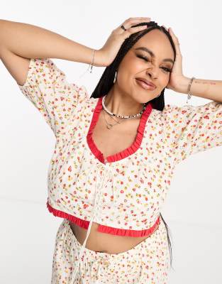 Neon Rose Plus Ditsy Floral Print Frill Edge Pants In Multi - Part Of A Set