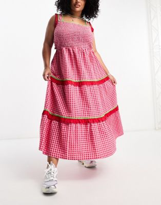 Neon Rose Plus gingham ruffle tiered midaxi dress in pink