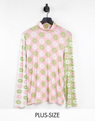 Neon Rose Plus high neck top in mix retro floral