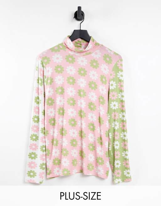 Neon Rose Plus - Hoogsluitende top met gemengde retro bloemenprint