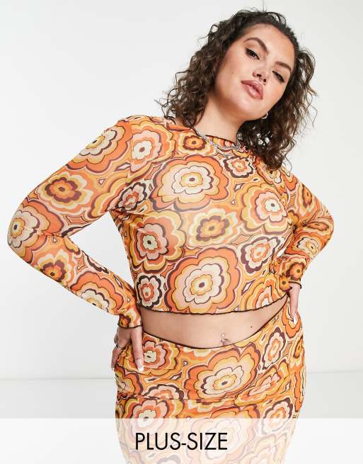 Neon Rose Plus long sleeve lettuce hem crop top in 70s floral mesh co-ord
