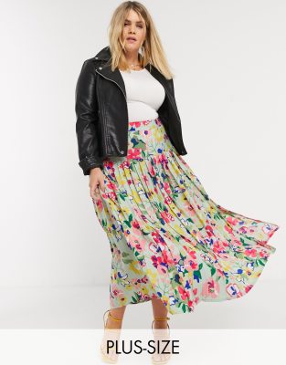 Neon Rose Plus midaxi pleated skirt with drop waist in vintage floral-Green Green