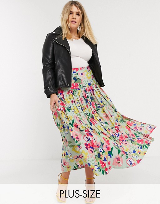Neon Rose Plus midaxi pleated skirt with drop waist in vintage floral