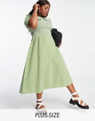 Neon Rose Plus midi dress with shirred bodice and oversized collar in gingham seersucker - ASOS Price Checker
