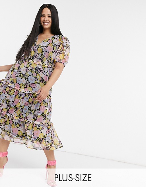 Neon Rose Plus midi dress with tiered ruffle skirt and bow back in floral
