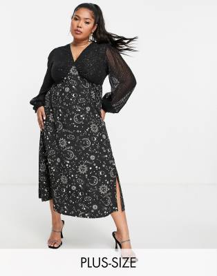 Neon Rose Plus midi long sleeve tea dress in celestial & star mix | ASOS