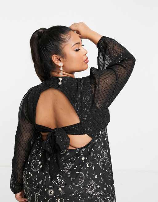 neon rose celestial dress Neon Rose Plus midi long sleeve tea dress in celestial & star mix