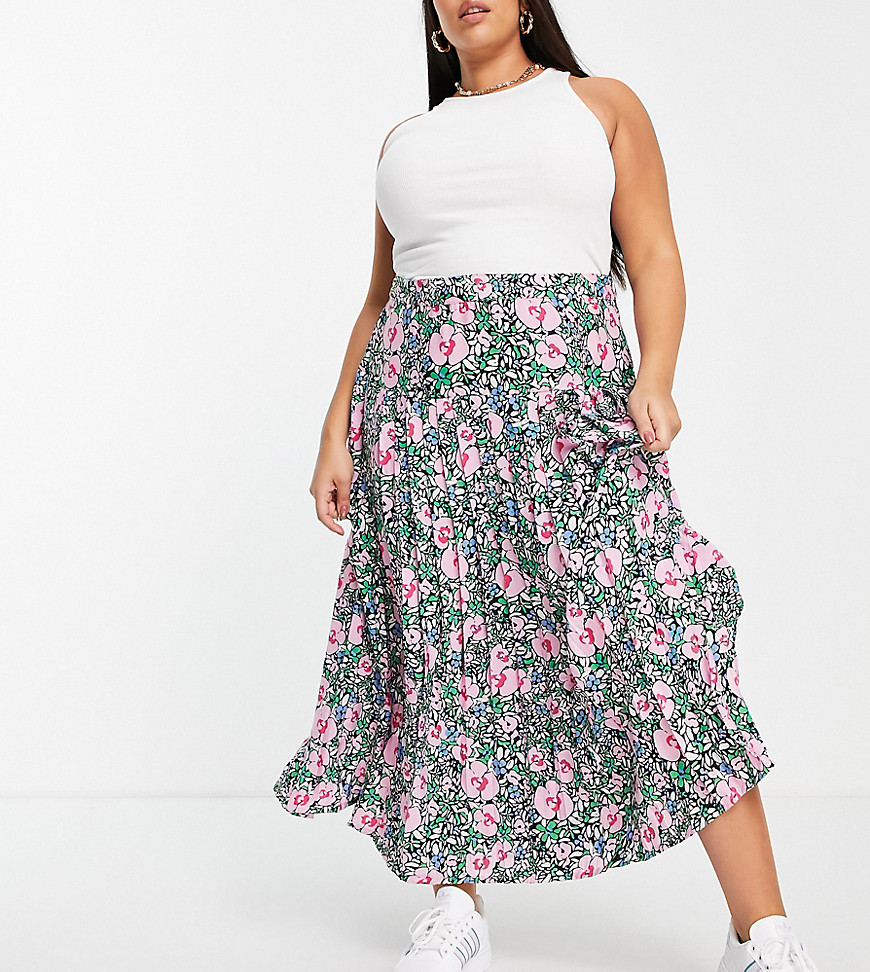 Neon Rose Plus midi pleated skirt with front slit in bright floral-Pink