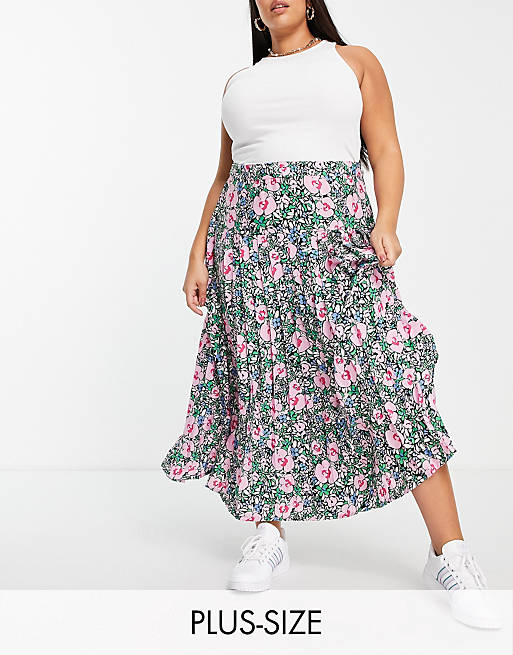 Neon Rose Plus midi pleated skirt with front split in bright floral