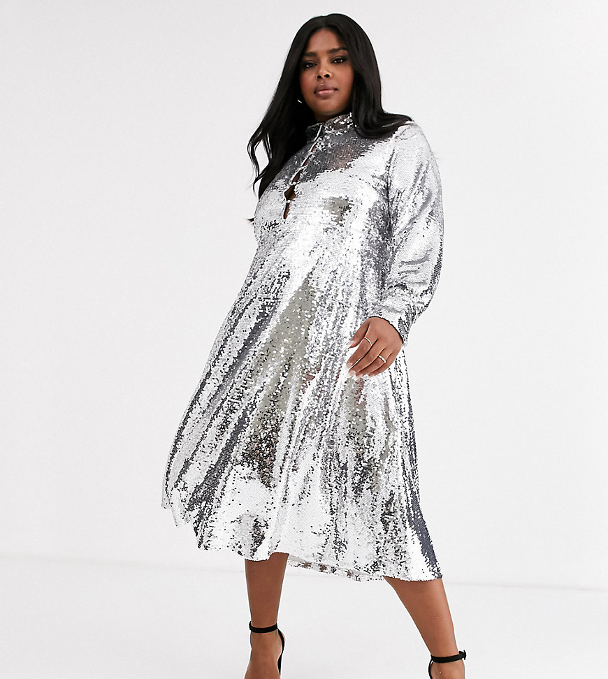Neon Rose Plus – Midi-skjortekjole i pailletdesign med fuld nederdel-Sølv
