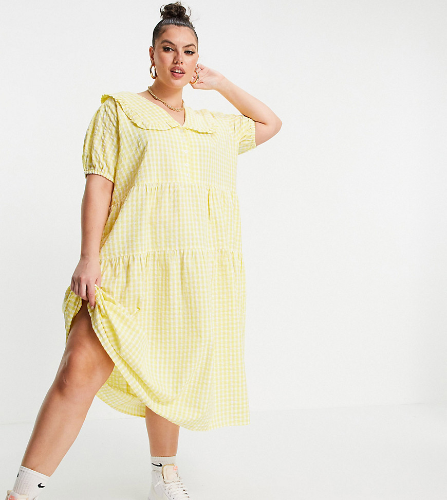 Neon Rose Plus midi smock dress with oversized collar and tiered skirt in gingham-Yellow