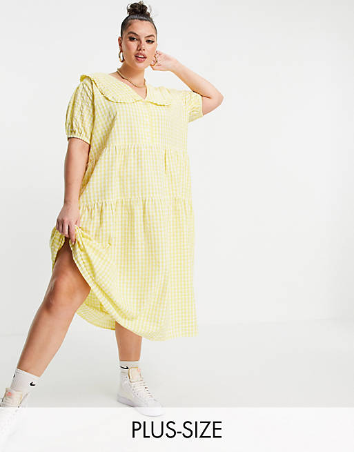 Neon Rose Plus midi smock dress with oversized collar and tiered skirt in gingham