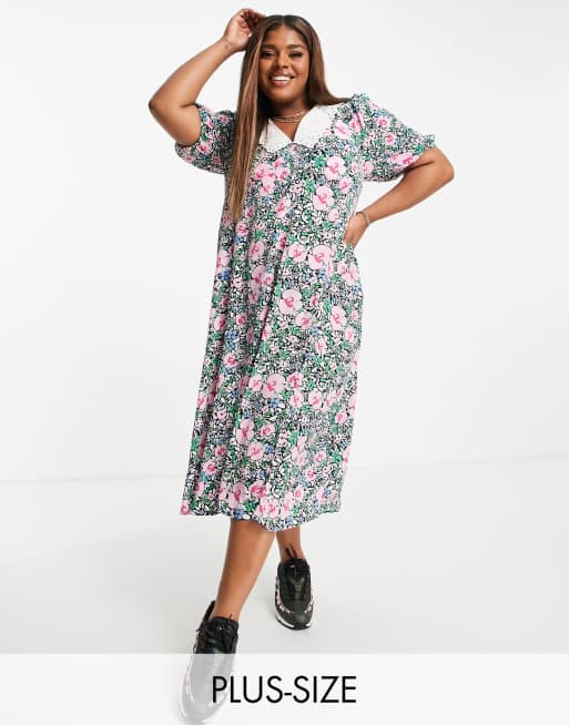 Neon Rose Plus midi tea dress with front split and vintage collar in bright floral ASOS
