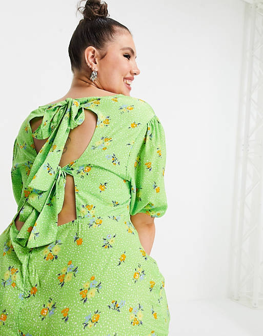 Dresses Neon Rose Plus midi tea dress with puff sleeves and split front in bright floral 