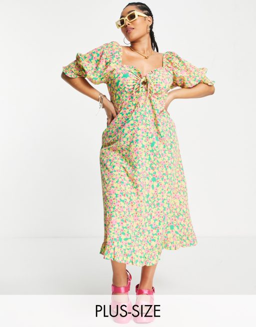 Neon Rose Plus milkmaid midi tea dress with tie bust in bright ditsy ...