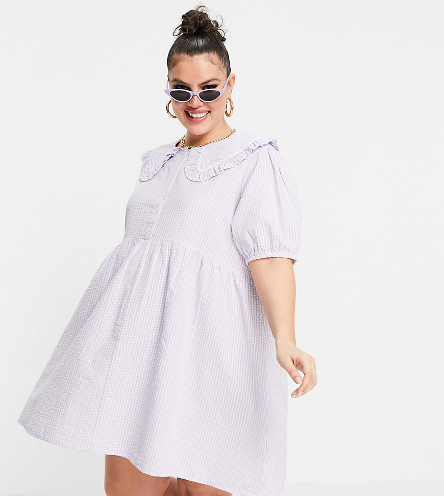 Neon Rose Plus mini smock dress with collar in pastel gingham-Purple
