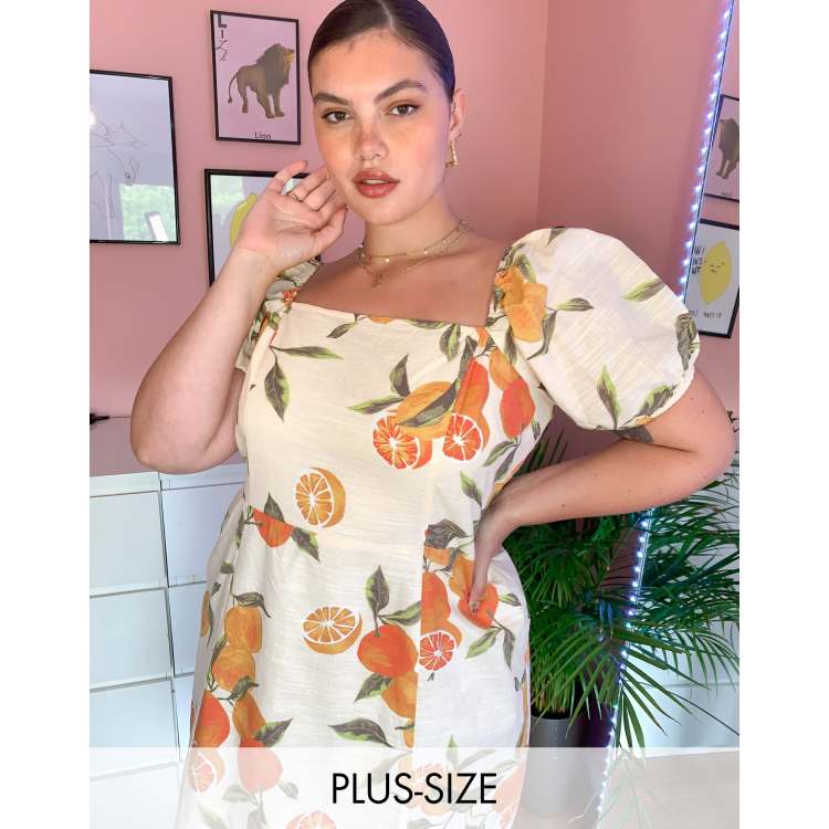 Neon Rose Plus mini tea dress in grapefruit print | ASOS