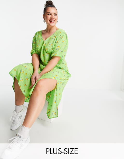 Neon Rose Plus - Nette midi jurk met pofmouwen en split aan de voorkant in heldere bloemenprint