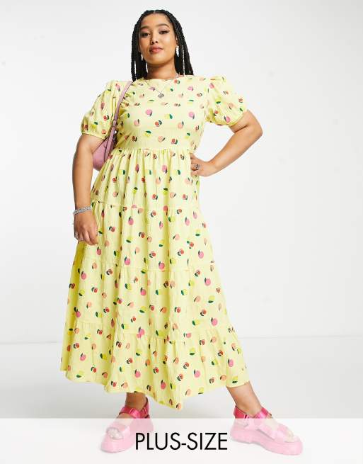 Neon Rose Plus open back midi tiered smock dress in lemon fruit