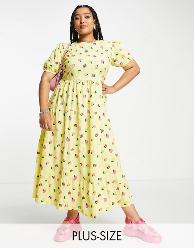 Neon Rose Plus open back midi tiered smock dress in lemon fruit print