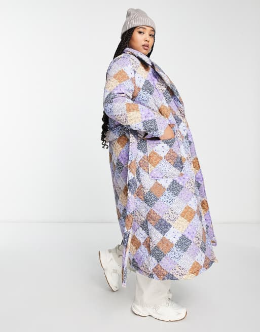 Neon Rose Plus oversized longline wrap coat in quilted patchwork paisley cotton