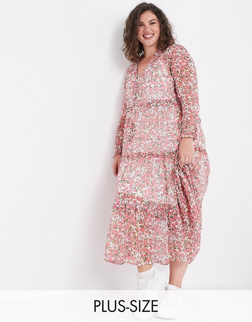 Neon Rose Plus oversized maxi smock dress with tiered skirt in ditsy floral