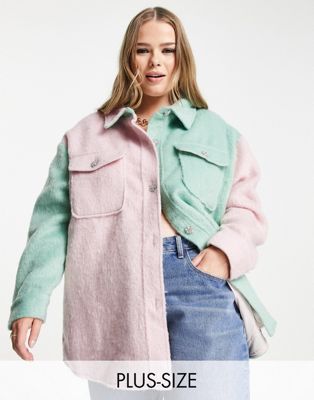 Neon Rose Plus oversized shacket with jewel buttons in pastel colour block