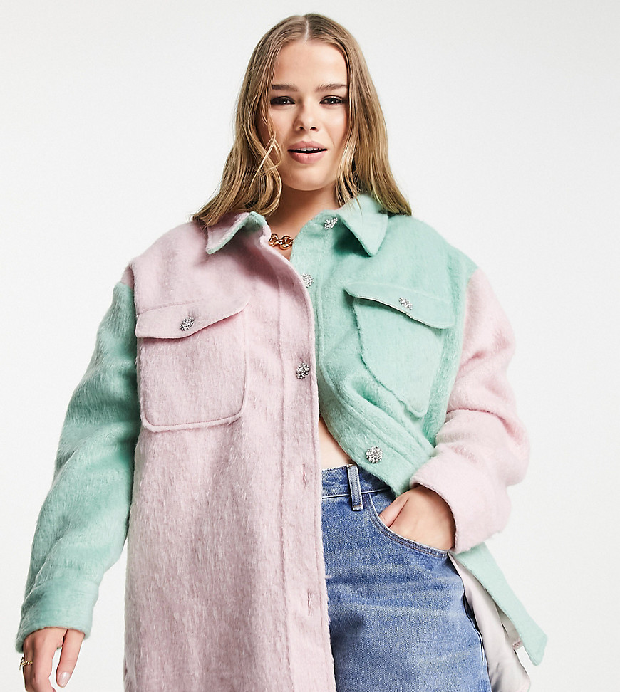 Plus-size sh acket by Neon Rose The scroll is over Colour-block design Spread collar Button placket Chest pockets Oversized fit