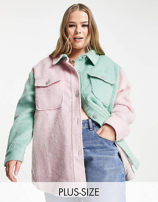  Shirts & Blouses/Neon Rose Plus oversized shacket with jewel buttons in pastel colour block 