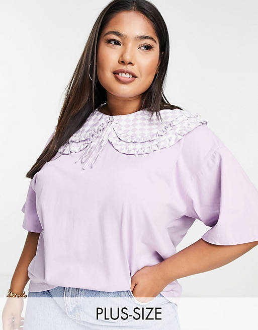 Neon Rose Plus oversized t-shirt with double layer checkerboard collar