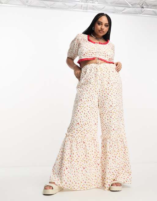 Neon Rose Plus - Pantalon d'ensemble à bords volantés et à petites fleurs - Multicolore
