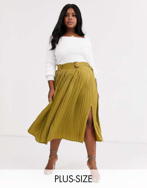 Neon Rose Plus pleated midi skirt with belt in hammered satin | ASOS