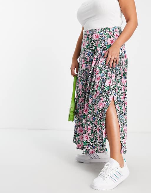 Neon Rose Plus - Plisseret midinederdel med slids foran i farverigt blomstermønster, 3 af 4