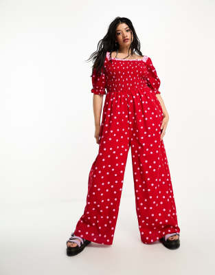 Neon Rose Plus polka dot wide leg jumpsuit in red