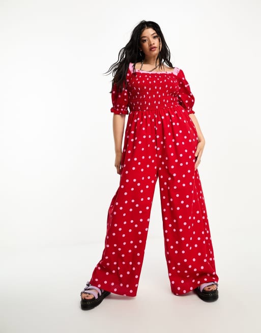 Neon Rose Plus - Rødt jumpsuit med vide ben og polkaprikker