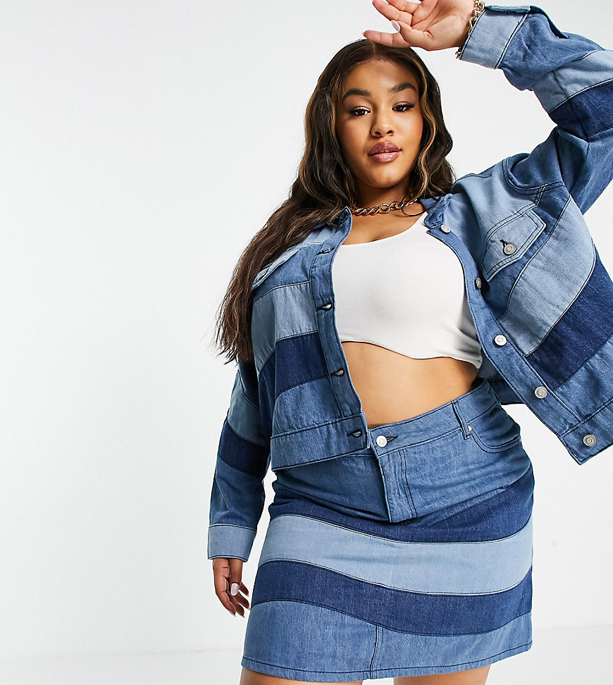 Neon Rose Plus relaxed jacket in wavy denim co-ord-Blue